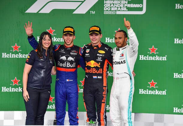 Motorsports: FIA Formula One World Championship, WM, Weltmeisterschaft 2019, Grand Prix of Brazil, 10 Pierre Gasly (FRA, Red Bull Toro Rosso Honda), 33 Max Verstappen (NLD, Aston Martin Red Bull Racing), 44 Lewis Hamilton (GBR, Mercedes AMG Petronas Motorsport) Sao Paulo Brazil