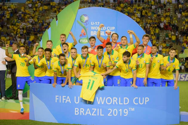 Sub 17 Mexico e Brasil BRASÍLIA, DF - 17.11.2019: SUB 17 MEXICO E BRASIL - Brazilian team celebrates victory over Mexico and the conquest of the FIFA U17, U 17 FIFA World Cup, WM, Weltmeisterschaft, Fussball 2019. Bezerrão Stadium. Brasilia DF. (Photo: Reinaldo Reginato Fotoarena) x1833738x  ReinaldoxReginato