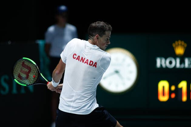November 18, 2019, Madrid, VALENCIA, SPAIN: Vasek Pospisil, player of Canada Team, in action during the first round, Group F, against Fabio Fognini, player of Italy Team, during the Davis Cup by Rakuten Madrid Finals 2019 tenis tournament celebrated at Caja Magica on November 18, 2019, in Madrid, Spain. Tennis: Davis Cup 2019, day 1 - ZUMAa181 20191118_zaa_a181_063 Copyright: xAFP7x