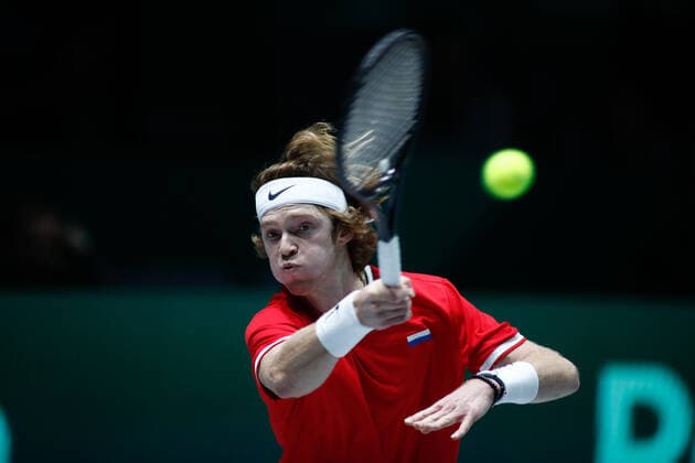November 18, 2019, Madrid, VALENCIA, SPAIN: Andrey Rublev, player of Russia Team, in action during the first round, Group B, against Borna Gojo, player of Croatia Team, during the Davis Cup by Rakuten Madrid Finals 2019 tenis tournament celebrated at Caja Magica on November 18, 2019, in Madrid, Spain. Tennis: Davis Cup 2019, day 1 - ZUMAa181 20191118_zaa_a181_112 Copyright: xAFP7x