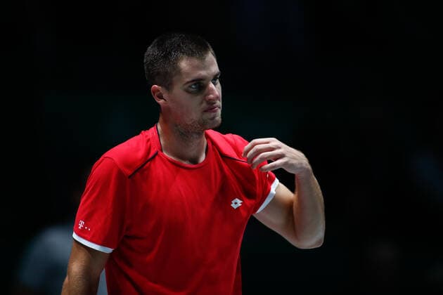 November 18, 2019, Madrid, VALENCIA, SPAIN: Borna Gojo, player of Croatia Team, in action during his first round, Group B, against Andrey Rublev, player of Russia Team, during the Davis Cup by Rakuten Madrid Finals 2019 tenis tournament celebrated at Caja Magica on November 18, 2019, in Madrid, Spain. Tennis: Davis Cup 2019, day 1 - ZUMAa181 20191118_zaa_a181_125 Copyright: xAFP7x