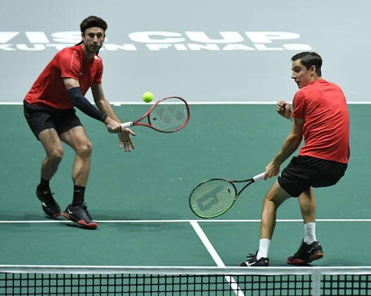 Belgian Sander Gille and Belgian Joran Vliegen pictured during the double game between Belgians Sander Gille and Joran Vliegen and Colombians Juan Sebastian Cabal and Robert Farah, third game in the group stage of the Davis Cup World Group tennis finals between Colombia and Belgium, Monday 18 November 2019, in Madrid, Spain. BENOITxDOPPAGNE  x2430233x