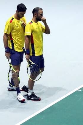 Juan Sebastian Cabal (R) and Robert Farah (L) of Colombia in action against Joran Vliegen and Sander Gille of Belgium during a Davis Cup finals double match between Belgium and Colombia at the Caja Magica facilities in Madrid, Spain, 18 November 2019. The 2019 Davis Cup finals will take place from 18 to 24 November 2019 in Madrid. Belgium vs Colombia !ACHTUNG: NUR REDAKTIONELLE NUTZUNG!  Copyright: xKikoxHuescax GRAF1412 20191118-637097120288728667