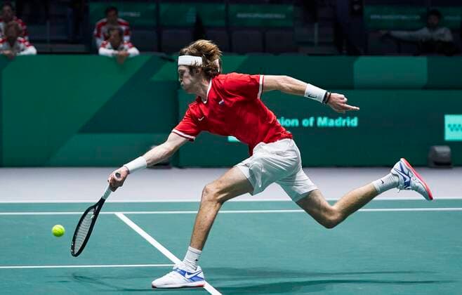 MADRID, SPAIN NOVEMBER 18 Andrey Rublev of Russia in action during the Group B match between Croatia and Russia of Davis Cup by Rakuten Madrid Finals 2019 at Caja Magica on November 18, 2019 in Madrid, Spain Photo by Diego Souto Kosmos Tennis Cordon Press  xDiegoxSoutox xDavisxCupxbyxRakutenxMadridxFinalsx2019.xMadrid.xCajaxM?gica.x18-24xNovemberx