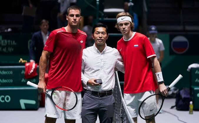 MADRID, SPAIN NOVEMBER 18 Borna Coric of Croatia and Karen Khachanov of Russia in action during the Group B match between Croatia and Russia of Davis Cup by Rakuten Madrid Finals 2019 at Caja Magica on November 18, 2019 in Madrid, Spain Photo by Diego Souto Kosmos Tennis Cordon Press  xDiegoxSoutox xDavisxCupxbyxRakutenxMadridxFinalsx2019.xMadrid.xCajaxM?gica.x18-24xNovemberx