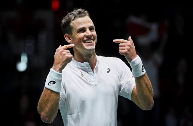 MADRID, SPAIN NOVEMBER 19 Vasek Pospisil of Canada celebrates during the Group F match between USA and Canada during Davis Cup by Rakuten Madrid Finals 2019 at Caja Magica on November 19, 2019 in Madrid, Spain Photo by Corinne Dubreuil Kosmos Tennis Cordon Press,  xCorinnexDubreuilx xDavisxCupxbyxRakutenxMadridxFinalsx2019.xMadrid.xCajaxMagica.x18-24xNovemberx