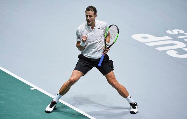 MADRID, SPAIN NOVEMBER 19 Vasek Pospisil of Canada celebrates during the Group F match between USA and Canada during Davis Cup by Rakuten Madrid Finals 2019 at Caja Magica on November 19, 2019 in Madrid, Spain Photo by Corinne Dubreuil Kosmos Tennis Cordon Press,  xCorinnexDubreuilx xDavisxCupxbyxRakutenxMadridxFinalsx2019.xMadrid.xCajaxMagica.x18-24xNovemberx