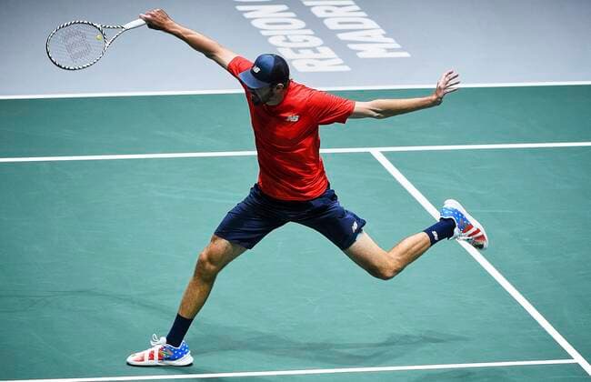MADRID, SPAIN NOVEMBER 19 Reilly Opelka of United States in action during the Group F match between USA and Canada during Davis Cup by Rakuten Madrid Finals 2019 at Caja Magica on November 19, 2019 in Madrid, Spain Photo by Corinne Dubreuil Kosmos Tennis Cordon Press,  xCorinnexDubreuilx xDavisxCupxbyxRakutenxMadridxFinalsx2019.xMadrid.xCajaxM?gica.x18-24xNovemberx