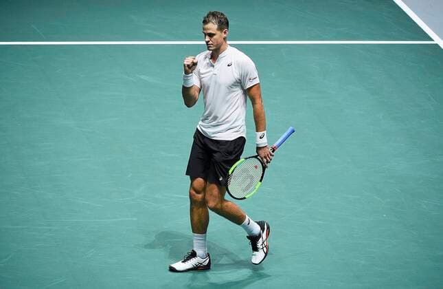 MADRID, SPAIN NOVEMBER 19 Vasek Pospisil of Canada celebrates during the Group F match between USA and Canada during Davis Cup by Rakuten Madrid Finals 2019 at Caja Magica on November 19, 2019 in Madrid, Spain Photo by Corinne Dubreuil Kosmos Tennis Cordon Press  xCorinnexDubreuilx xDavisxCupxbyxRakutenxMadridxFinalsx2019.xMadrid.xCajaxM?gica.x18-24xNovemberx