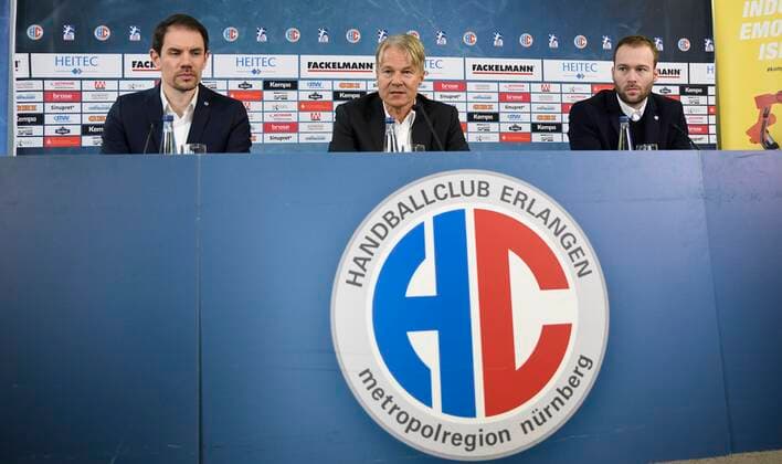 20 11 2019 Handball 1 Bundesliga Season 2019 2020 HC Erlangen HCE Press conference Press event Media event Announcement Michael Haaß as new head coach for the coming season Rene Selke Managing Director HC Erlangen HCE Dr Carsten Bissel Chairman of the Supervisory Board of HC Erlangen Kevin Schmidt Sports Director HC Erlangen HCE