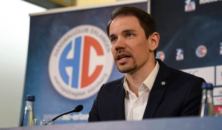20 11 2019 Handball 1 Bundesliga Season 2019 2020 HC Erlangen HCE Press conference Press event Media event Announcement Michael Haaß as new head coach for the coming season Rene Selke Managing Director HC Erlangen HCE