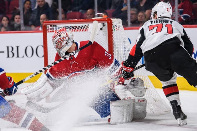 MONTREAL, QC - NOVEMBER 20: Carey Price (31) of the Montreal Canadiens makes a save against Chris Tierney (71) of the Ottawa Senators during the first period of the NHL, Eishockey Herren, USA game between the Ottawa Senators and the Montreal Canadiens on November 20, 2019, at the Bell Centre in Montreal, QC (Photo by Vincent Ethier Icon Sportswire) NHL: NOV 20 Senators at Canadiens Icon1911200914