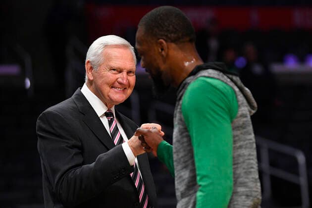 LOS ANGELES, CA - NOVEMBER 20: Los Angeles Clippers special consultant Jerry West gives Boston Celtics Guard Kemba Walker (8) a fist pump before a NBA, Basketball Herren, USA game between the Boston Celtics and the Los Angeles Clippers on November 20, 2019 at STAPLES Center in Los Angeles, CA. (Photo by Brian Rothmuller Icon Sportswire) NBA: NOV 20 Celtics at Clippers Icon191120012