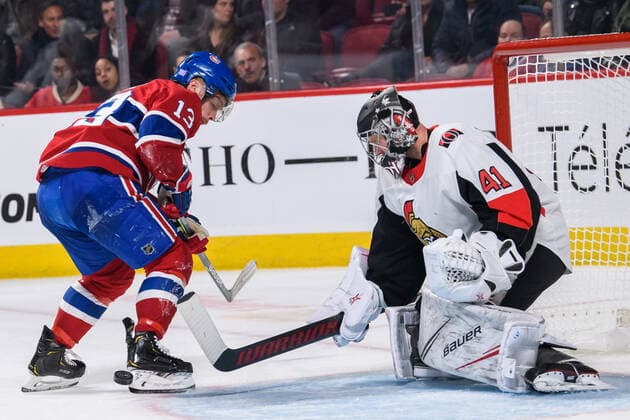 MONTREAL, QC - NOVEMBER 20:Craig Anderson (41) of the Ottawa Senators makes a save on Max Domi (13) of the Montreal Canadiens during the second period of the NHL, Eishockey Herren, USA game between the Ottawa Senators and the Montreal Canadiens on November 20, 2019, at the Bell Centre in Montreal, QC (Photo by Vincent Ethier Icon Sportswire) NHL: NOV 20 Senators at Canadiens Icon1911201520