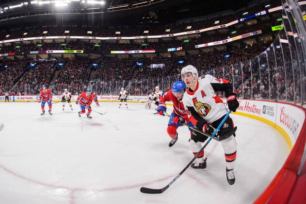 MONTREAL, QC - NOVEMBER 20: Jean-Gabriel Pageau (44) of the Ottawa Senators battles with Ben Chiarot (8) of the Montreal Canadiens during the second period of the NHL, Eishockey Herren, USA game between the Ottawa Senators and the Montreal Canadiens on November 20, 2019, at the Bell Centre in Montreal, QC (Photo by Vincent Ethier Icon Sportswire) NHL: NOV 20 Senators at Canadiens Icon1911201834