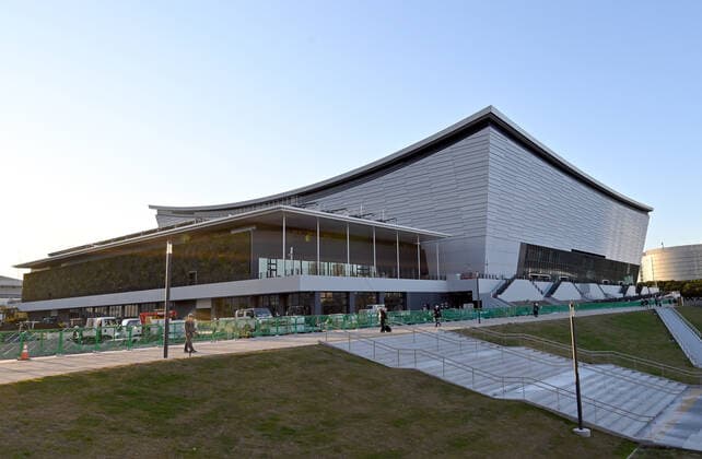 November 21, 2019, Tokyo, Japan - Construction of the Ariake Arena, the venue for the 2020 Tokyo Olympics volleyball and handball games and Paralympic wheelchair basketball, is almost completed on the waterfront area of Tokyos Ariake on Thursday, November 21. After the Tokyo 2020 Games, the arena will become a new sporting and cultural center with a seating capacity for up to 15,000 spectators. Noxthirdxpartyxsales  (117017358)