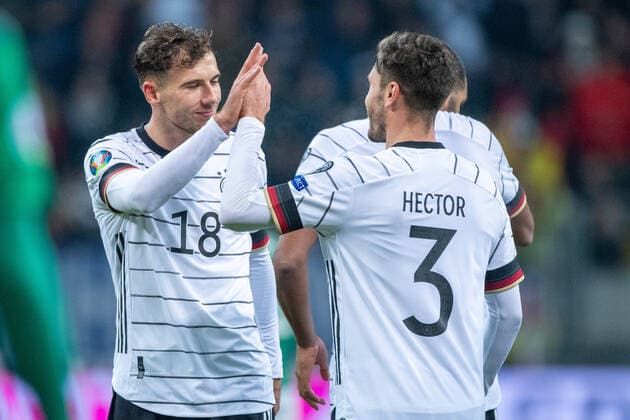 Goal scorers Leon GORETZKA li, GER and Jonas HECTOR GER are happy after the goal to 5 1 for Germany, cheering, jubilation, jubilant, joy, cheers, celebrate, goal jubilation, half figure, half figure, gesture, gesture, football national match, European Championship qualification, Group C, Germany GER Northern Ireland NIR 6 1, on 19 11 2019 in Frankfurt Germany Â