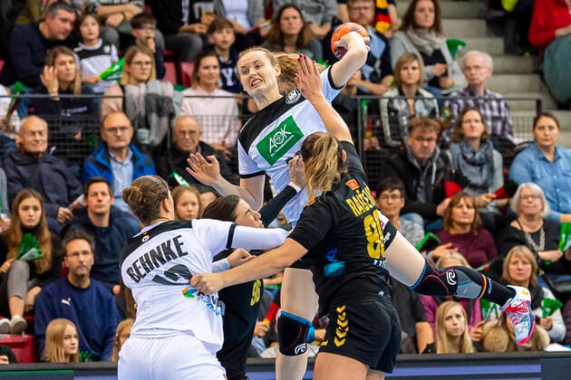 Stuttgart, Germany 21 November 2019 EHF Women Test match Germany vs Montenegro Maren Weigel Germany Metzingen , Jelena Despotovic Montenegro , Julia Behnke Germany Rostov Don am Kreis Stuttgart Scharrena Germany