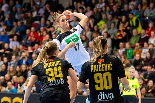 Stuttgart, Germany 21 November 2019 EHF Women Test match Germany vs Montenegro v li Tatjana Brnovic Montenegro , Alicia Stolle Germany Thueringer HC , Milena Raicevic Montenegro Stuttgart Scharrena Germany