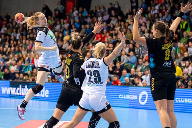 Stuttgart, Germany 21 November 2019 EHF Women Test match Germany vs Montenegro v li Emily Boelk Bölk Germany Thueringer HC , Milena Raicevic Montenegro , Antje Lauenroth Germany Bietigheim , Durdina Jaukovic Montenegro Stuttgart Scharrena Germany