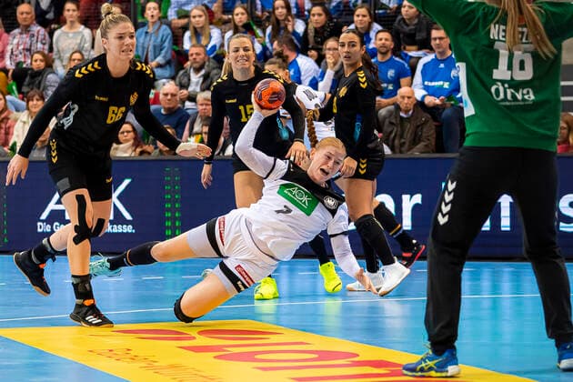 Stuttgart, Germany 21 November 2019 EHF Women Test match Germany vs Montenegro v li Ema Ramusovic Montenegro , Meike Schmelzer Germany Thueringer HC , Ljubia Nenezic Montenegro Stuttgart Scharrena Germany