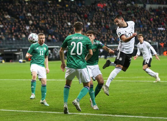 19 11 2019, football, Europe, European Championship qualification, 10 matchday, 2018 2019 season, men, German national team, Germany, DFB Nordirland 6 1, v l Ferguson Shane, Nordirland, Cathcart Craig, Nordirland, Flanagan Thomas, Nordirland, Ilkay Gündogan, German national team, Germany, action, duel, match scene, action,