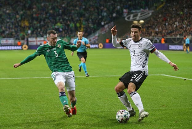 19 11 2019, Soccer, Europe, EM Qualification, 10 Matchday, Season 2018 2019, Men, German National Team, Germany, DFB Nordirland 6 1, v l Action, Duel, Scene, action, Smith Michael, Nordirland, Jonas Hector, Germany,