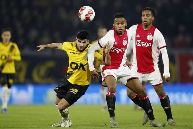 (L-R) Huseyin Dogan of NAC Breda, Jurrien Timber of Ajax U23, Quinten Timber of Ajax U23 during the Dutch Keuken Kampioen Divisie match between NAC Breda and Ajax Amsterdam U23 at Rat Verlegh stadium on November 22, 2019 in Breda, The Netherlands Dutch Keuken Kampioen Divisie 2019 2020 xVIxANPxSportx xMauricexvanxSteenxIVx 402137759