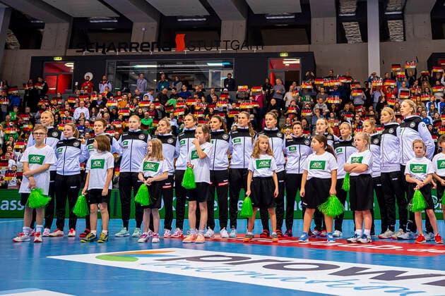 Stuttgart, Germany 21 November 2019 EHF Womens Test match Germany vs Montenegro the team of Germany at the national anthem Stuttgart Scharrena Germany