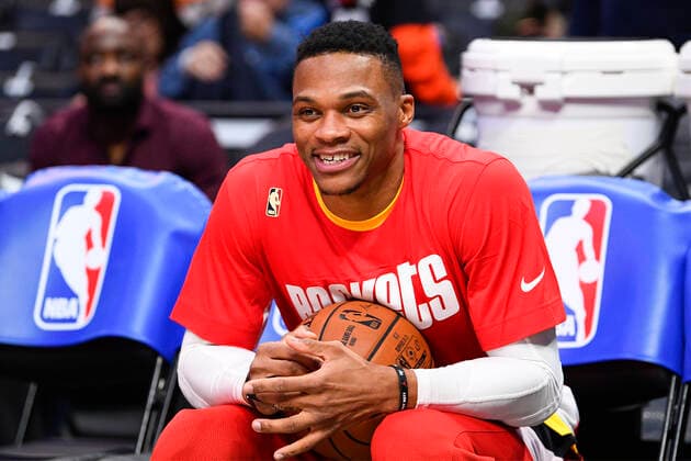 LOS ANGELES, CA - NOVEMBER 22: Houston Rockets Guard Russell Westbrook (0) looks on before a NBA, Basketball Herren, USA game between the Houston Rockets and the Los Angeles Clippers on November 22, 2019 at STAPLES Center in Los Angeles, CA. (Photo by Brian Rothmuller Icon Sportswire) NBA: NOV 22 Rockets at Clippers Icon191122049