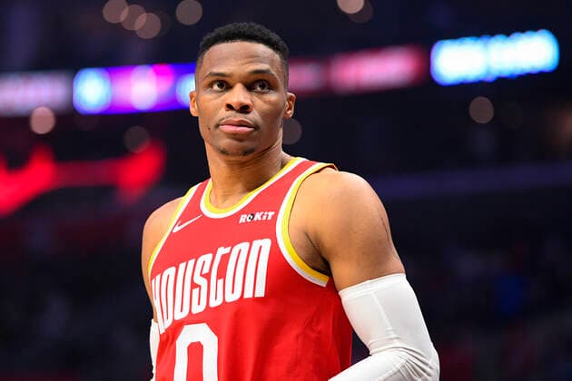 LOS ANGELES, CA - NOVEMBER 22: Houston Rockets Guard Russell Westbrook (0) looks on during a NBA, Basketball Herren, USA game between the Houston Rockets and the Los Angeles Clippers on November 22, 2019 at STAPLES Center in Los Angeles, CA. (Photo by Brian Rothmuller Icon Sportswire) NBA: NOV 22 Rockets at Clippers Icon191122067