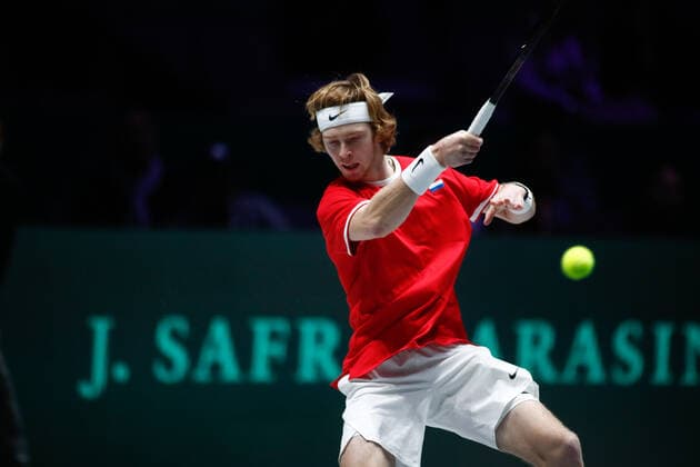 November 23, 2019, Madrid, MADRID, SPAIN: Andrey Rublev of Russia in action during his first ron singles match of Semi-Finals against -Vasek Pospisil of Canada during the Day 5 of the 2019 Davis Cup at La Caja Magica on November 23, 2019 in Madrid, Spain. Tennis: Davis Cup - Day 6 - ZUMAa181 20191123_zaa_a181_005 Copyright: xAFP7x
