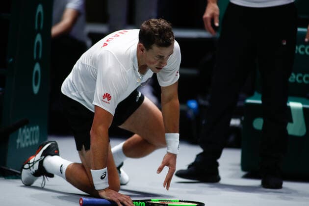 November 23, 2019, Madrid, MADRID, SPAIN: Vasek Pospisil of Canada in action during his first ron singles match of Semi-Finals against -Andrey Rublev of Russia during the Day 5 of the 2019 Davis Cup at La Caja Magica on November 23, 2019 in Madrid, Spain. Tennis: Davis Cup - Day 6 - ZUMAa181 20191123_zaa_a181_009 Copyright: xAFP7x