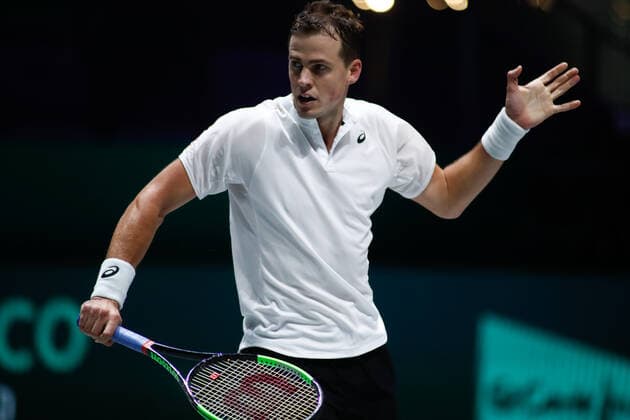 November 23, 2019, Madrid, MADRID, SPAIN: Vasek Pospisil of Canada in action during his first ron singles match of Semi-Finals against -Andrey Rublev of Russia during the Day 5 of the 2019 Davis Cup at La Caja Magica on November 23, 2019 in Madrid, Spain. Tennis: Davis Cup - Day 6 - ZUMAa181 20191123_zaa_a181_020 Copyright: xAFP7x