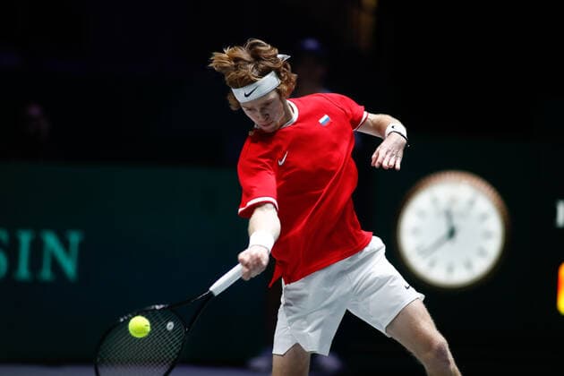 November 23, 2019, Madrid, MADRID, SPAIN: Andrey Rublev of Russia in action during his first ron singles match of Semi-Finals against -Vasek Pospisil of Canada during the Day 5 of the 2019 Davis Cup at La Caja Magica on November 23, 2019 in Madrid, Spain. Tennis: Davis Cup - Day 6 - ZUMAa181 20191123_zaa_a181_017 Copyright: xAFP7x