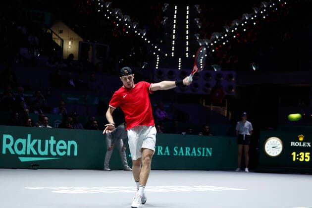 November 23, 2019, Madrid, MADRID, SPAIN: Denis Shapovalov of Canada in action during his second round singles match of Semi-Finals against Karen Khachanov of Russia during the Day 5 of the 2019 Davis Cup at La Caja Magica on November 23, 2019 in Madrid, Spain. Tennis: Davis Cup - Day 6 - ZUMAa181 20191123_zaa_a181_078 Copyright: xAFP7x