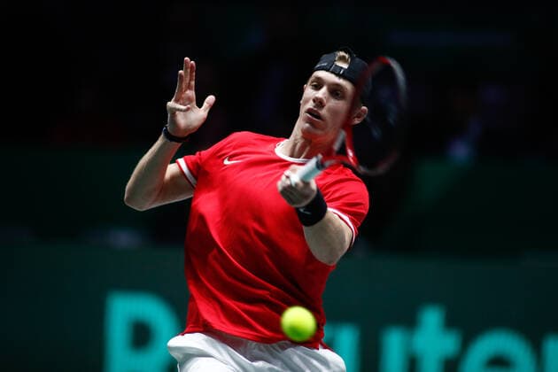 November 23, 2019, Madrid, MADRID, SPAIN: Denis Shapovalov of Canada in action during his second round singles match of Semi-Finals against Karen Khachanov of Russia during the Day 5 of the 2019 Davis Cup at La Caja Magica on November 23, 2019 in Madrid, Spain. Tennis: Davis Cup - Day 6 - ZUMAa181 20191123_zaa_a181_084 Copyright: xAFP7x
