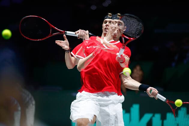November 23, 2019, Madrid, MADRID, SPAIN: (MULTIPLE EXPOSURE) Denis Shapovalov of Canada in action during his second round singles match of Semi-Finals against Karen Khachanov of Russia during the Day 5 of the 2019 Davis Cup at La Caja Magica on November 23, 2019 in Madrid, Spain. Tennis: Davis Cup - Day 6 - ZUMAa181 20191123_zaa_a181_085 Copyright: xAFP7x