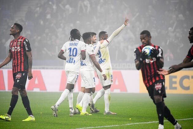 Fußball, Olympique Lyon - OGC Nizza JOIE - 09 MOUSSA DEMBELE (OL) - 07 MARTIN TERRIER (OL) FOOTBALL : Lyon vs Nice - Ligue 1 Conforama - 23 11 2019 FEP Panoramic 