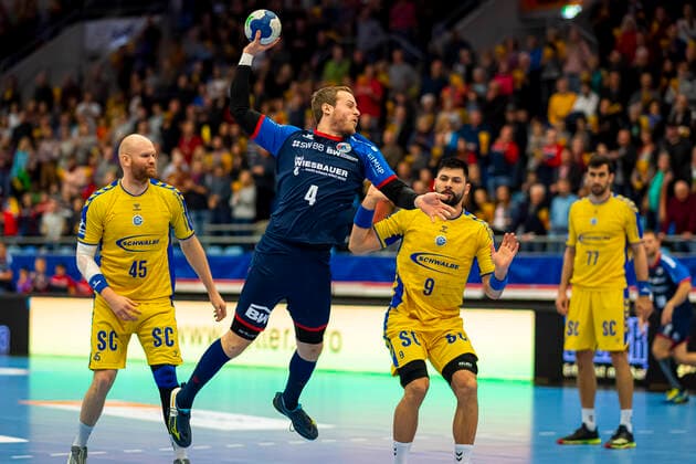 Bietigheim, Germany 23 November 2019 2 BL 19 20 SG BBM Bietigheim vs VfL Gummersbach Patrick Rentschler SG BBM Bietigheim , Tin Kontrec Gummersbach Bietigheim Egetrans Arena Baden Württemberg Germany