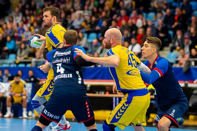 Bietigheim, Germany 23 November 2019 2 BL 19 20 SG BBM Bietigheim vs VfL Gummersbach vs Robin Haller Gummersbach , Patrick Rentschler SG BBM Bietigheim , Alexander Becker Gummersbach , Nikola Vlahovic Bietigheim Bietigheim Egetrans Arena Baden Württemberg Germany