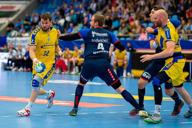 Bietigheim, Germany 23 November 2019 2 BL 19 20 SG BBM Bietigheim vs VfL Gummersbach vs Robin Haller Gummersbach , Patrick Rentschler SG BBM Bietigheim , Nikola Vlahovic Bietigheim , Alexander Becker Gummersbach Bietigheim Egetrans Arena Baden Württemberg Germany