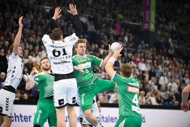 Franz Semper SC DHfK Leipzig, 3 fits Patrick Wiesmach Larsen SC DHfK Leipzig, 4 , Handball Bundesliga, Liqui Moly HBL, Men, 14 Matchday, THW Kiel vs. SC DHfK Leipzig, 24 11 19 Kiel Sparkassen Arena Schleswig Holstein Germany