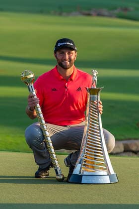 Jon Rahm of Spain poses with the DP World and Race to Dubai trophies after victory in the DP World Tour Championship at Jumeirah Golf Estates, Dubai, UAE on 24 November 2019. Copyright: xGrantxWinterx 25300267
