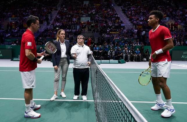 MADRID, SPAIN NOVEMBER 24 Roberto Bautista of Spain and Felix Auger Aliassime of Canada prior to the Final match between Spain and Canada of Davis Cup by Rakuten Madrid Finals 2019 at Caja Magica on November 24, 2019 in Madrid, Spain Photo by Diego Souto Kosmos Tennis Cordon Press,  xDiegoxSoutox xDavisxCupxbyxRakutenxMadridxFinalsx2019.xMadrid.xCajaxM?gica.x18-24xNovemberx