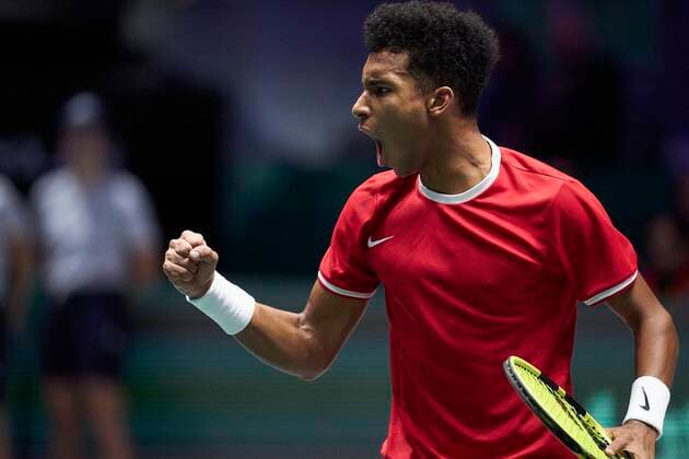MADRID, SPAIN NOVEMBER 24 Felix Auger Aliassime of Canada celebrates during the Final match between Spain and Canada of Davis Cup by Rakuten Madrid Finals 2019 at Caja Magica on November 24, 2019 in Madrid, Spain Photo by Diego Souto Kosmos Tennis Cordon Press,  xDiegoxSoutox xDavisxCupxbyxRakutenxMadridxFinalsx2019.xMadrid.xCajaxM?gica.x18-24xNovemberx