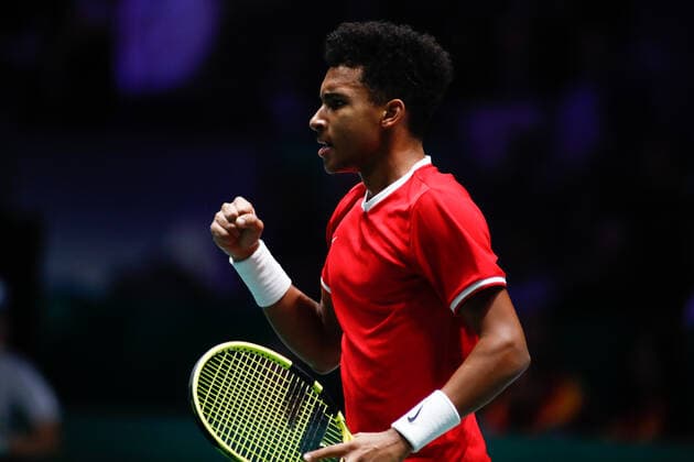 November 24, 2019, Madrid, MADRID, SPAIN: Felix Auger-Aliassime of Canada in action during the final match against Roberto Bautista Agut of Spain during the Day 7 of the 2019 Davis Cup at La Caja Magica on November 24, 2019 in Madrid, Spain. Tennis: Davis Cup - Day 7 - ZUMAa181 20191124_zaa_a181_095 Copyright: xAFP7x
