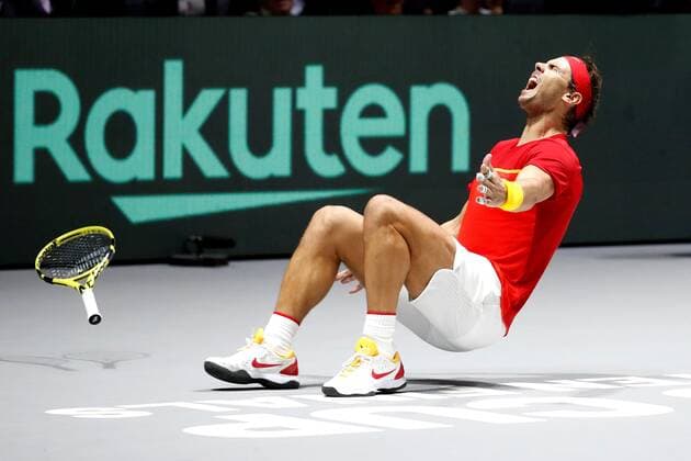Spanish tennis player Rafa Nadal celebrates after defeating Canadian Denis Shapovalov during the Davis Cup Finals tennis tournament final tie between Canada and Spain at the Caja Magica facilities in Madrid, Spain, 24 November 2019. Spain vs. Canada !ACHTUNG: NUR REDAKTIONELLE NUTZUNG!  Copyright: xJuanJoxMartínx GRAF6464 20191124-637102281092675987