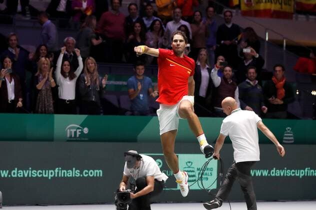 Spanish tennis player Rafa Nadal celebrates after defeating Canadian Denis Shapovalov during the Davis Cup Finals tennis tournament final tie between Canada and Spain at the Caja Magica facilities in Madrid, Spain, 24 November 2019. Spain vs. Canada !ACHTUNG: NUR REDAKTIONELLE NUTZUNG!  Copyright: xJuanJoxMartínx GRAF6482 20191124-637102285077085954