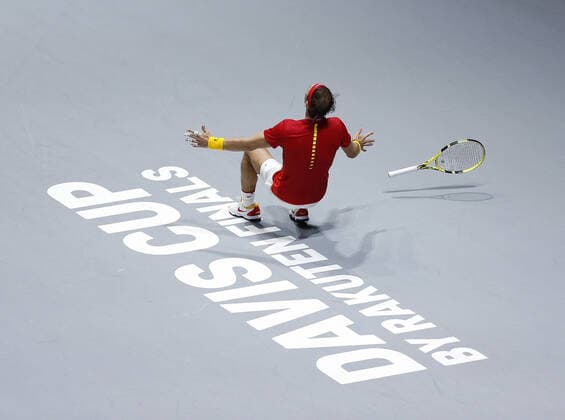November 24, 2019, Madrid, Spain: Rafael Nadal of Spain celebrates victory after his singles match against Denis Shapovalov of Canada during Day 7 of the 2019 Davis Cup at La Caja Magica in Madrid. Day 7 of Davis Cup at La Caja Magica in Madrid, Spain - 24 Nov 2019 - ZUMAs197 20191124_zaa_s197_257 Copyright: xManuxReinox